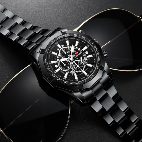 Cross-border AliExpress steel band watch men's three-eye six-pin luminous watch European and American calendar waterproof quartz watch
