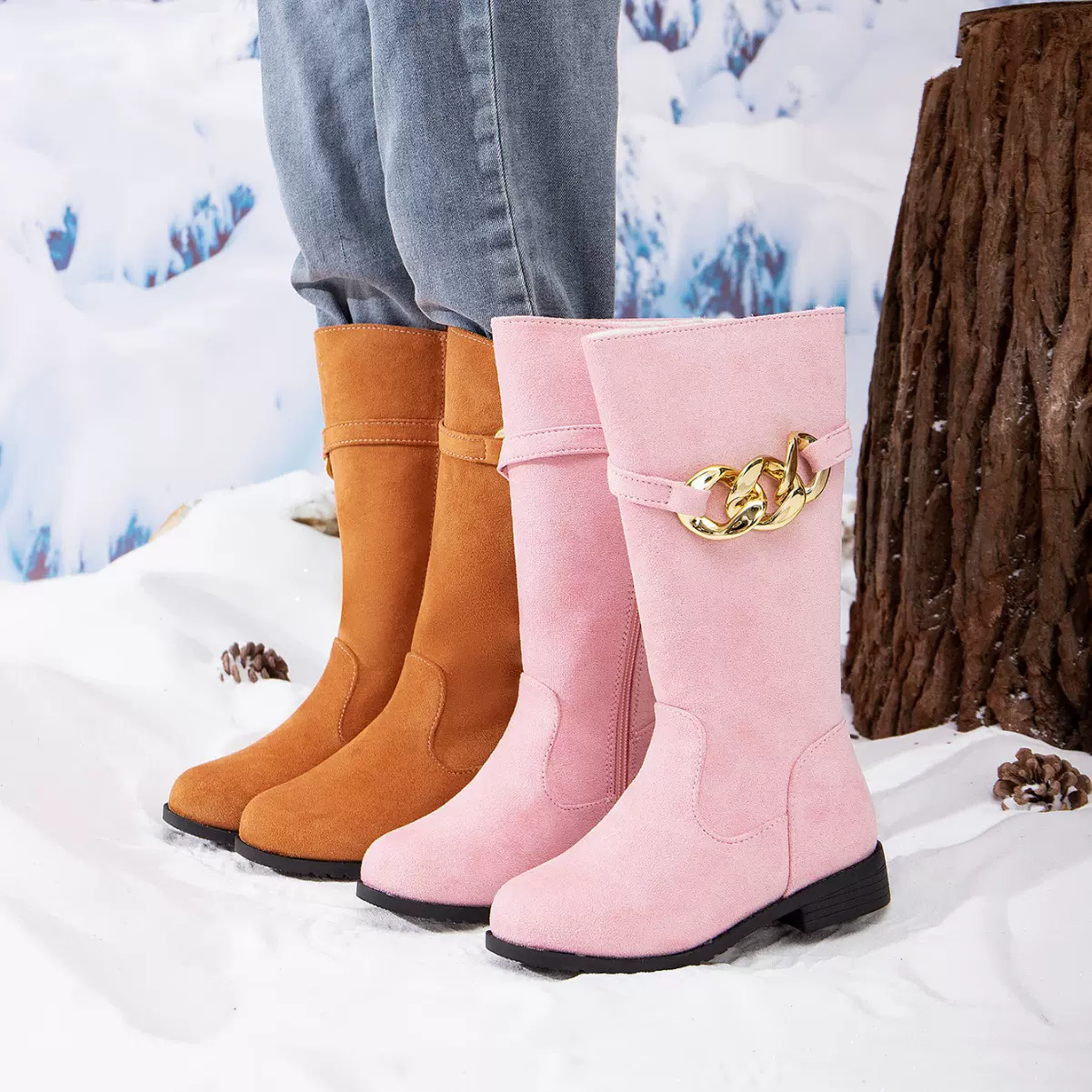 2024秋冬新款时尚女童公主靴小女孩加绒保暖长筒靴儿童绒布骑士靴