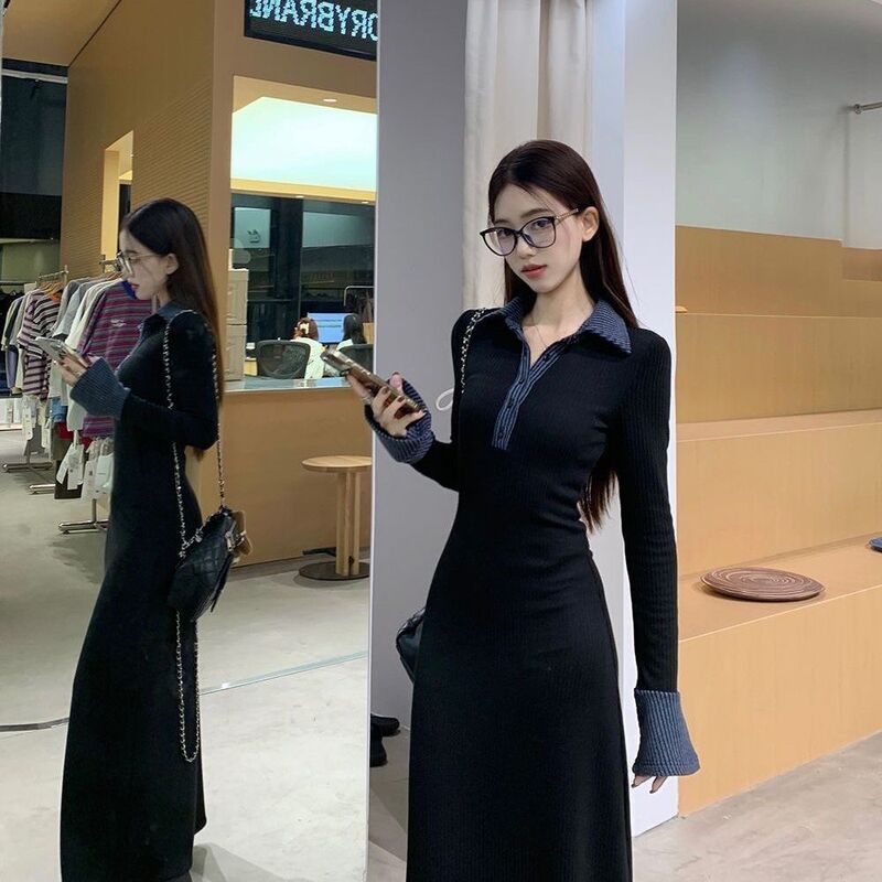 黑色拼接Polo领连衣裙女秋冬季新款长袖收腰裙子复古气质a字长裙|undefined
