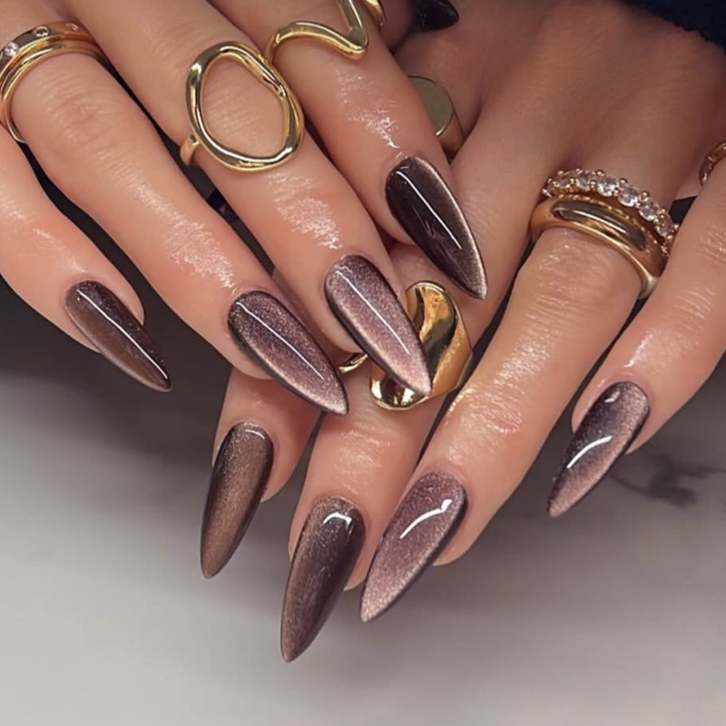 Brown Solid Color Cat Eye Flash Wearable Nails Medium Length Almond Shaped Manicure Fake Nails Wholesale