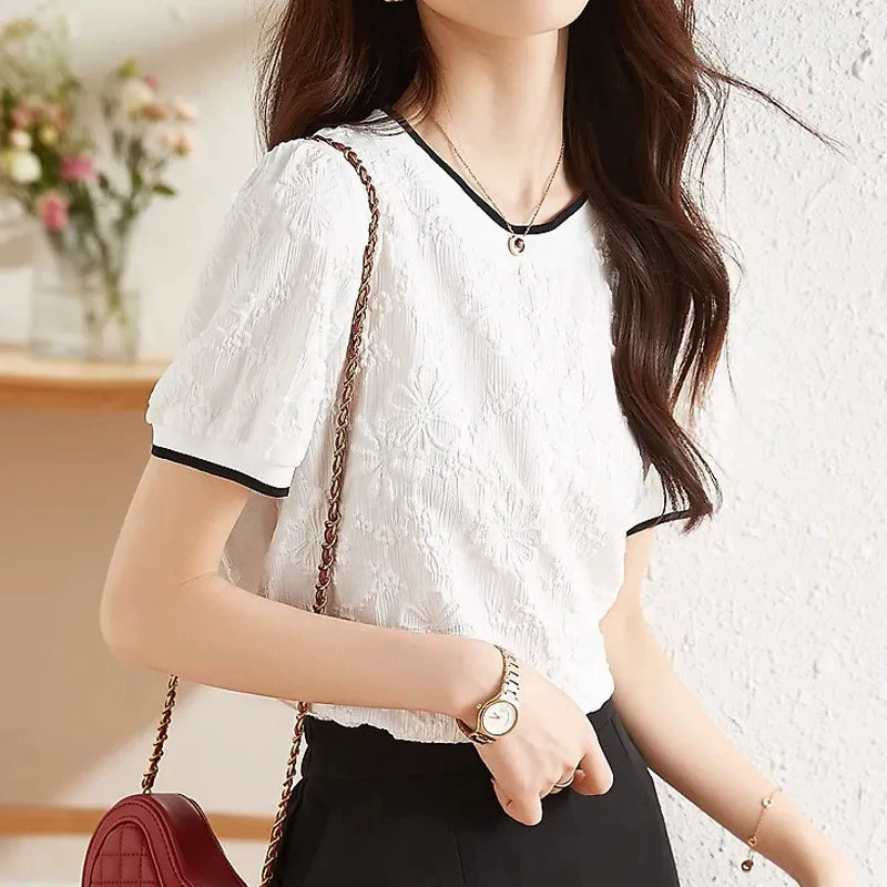 D6X контрастного цвета, текстурированная жаккардовая шифоновая кружевная рубашка, женская летняя новая стильная универсальная элегантная тонкая футболка с короткими рукавами, топ