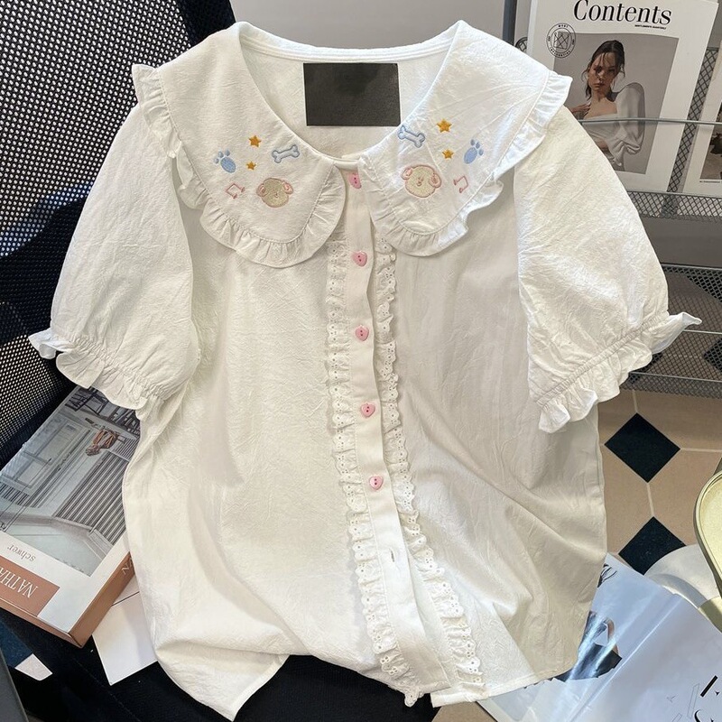 Japanese-Style College Style Cute and Sweet Doll Collar Short-Sleeved Shirt for Women Summer New Cartoon Embroidered Ruffle Top