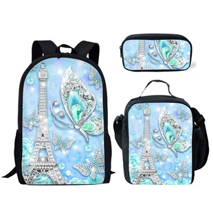 Cross-Border Wholesale 3D Butterfly Print Backpack Butterfly Student School Bag Meal Bag Pencil Case Three-Piece Set