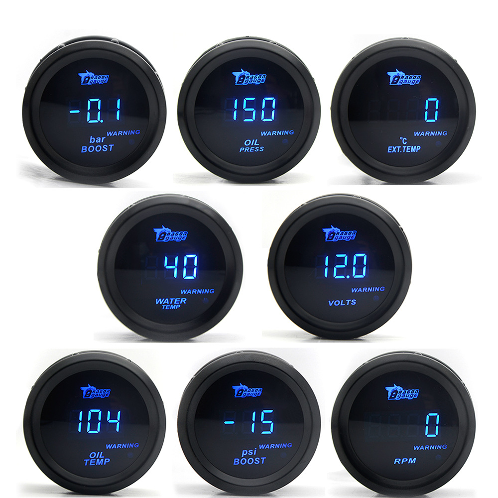 Cross-Border Hot-Selling 52mm Car Modification Digital Display 12V Blue Light Car Instrument Panel Turbo Water Temperature Oil Temperature Oil Pressure Voltage