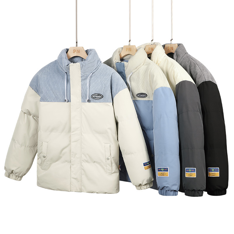 Abrigo de algodón acolchado de los hombres de invierno casual abajo abrigo de algodón acolchado más tamaño suelto de color insertado cálido engrosado collar de pie abrigo de algodón acolchado al por mayor