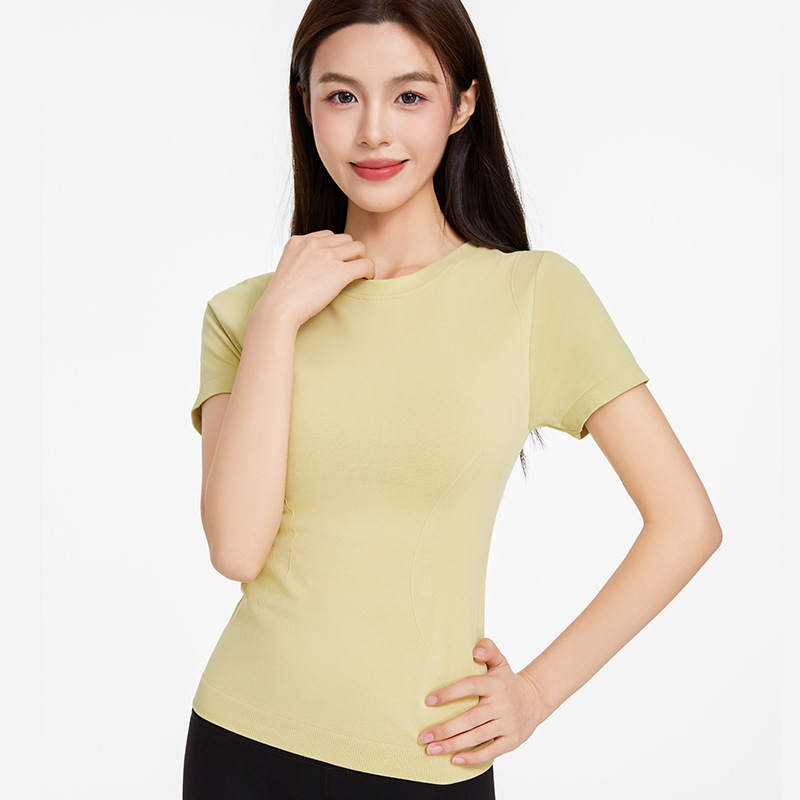 Camiseta deportiva de manga corta con cuello redondo para mujer primavera y verano nuevo estilo para correr fitness delgado delgado y transpirable ropa de yoga top de manga corta