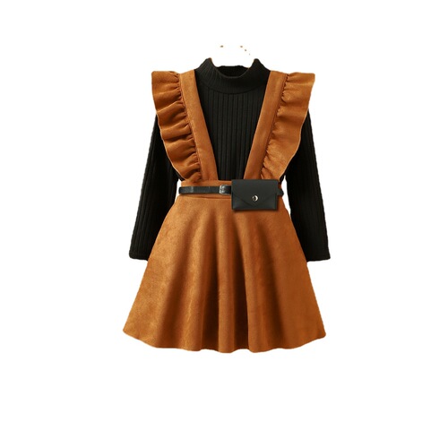 Baoxin Korean style autumn and winter children's clothing Qianjin style knitted bottoming shirt suede suspender skirt waist bag three-piece set for girls