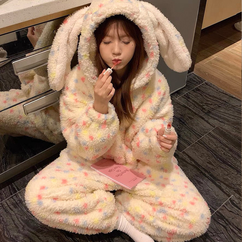 Cute Rabbit Ears Coral Velvet One-Piece Pajamas for Women Winter Fleece-Lined Thickeneded Sweet Home Clothes 2025 New Winter
