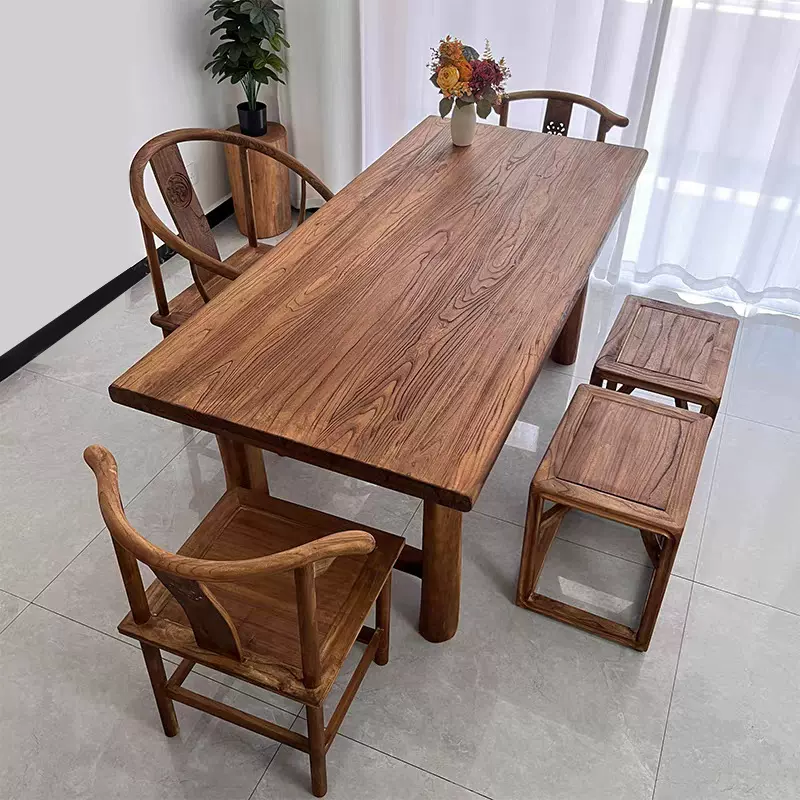 实木餐桌老榆木茶桌一体两用书桌阳台小型大木板侘寂风桌子长方形