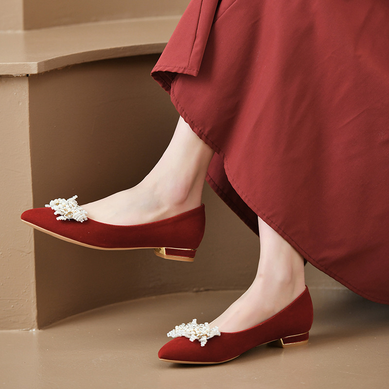 A1004-1-2 Wedding Shoes for Women, Red Xiuhe Shoes, Chunky Heel, Sequin Dress Shoes, Wide and Large Size Women's Shoes, Low Heel