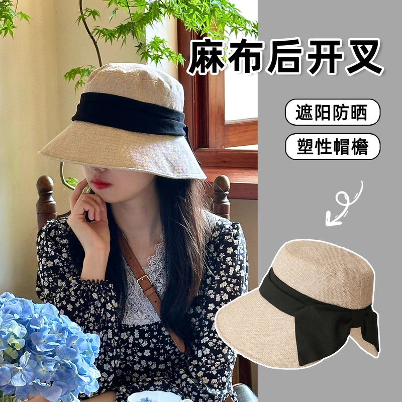 Japanese-Style Cotton and Linen Old Money Style Fisherman's Hat for Women, Summer Wide-Brimmed Sun Protection Bucket Hat, Breathable and Lightweight with Back Slit