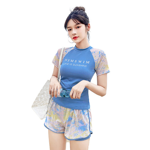 2024 new split sports short-sleeved two-piece set for students, conservative and slim, hot spring student swimsuit for women