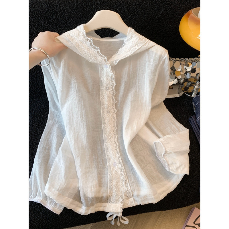 Fashionable and Age-Reducing Hooded Sun Protection Shirt Jacket for Women in Summer, Lightweight and Breathable Lace Trim Cardigan Shirt
