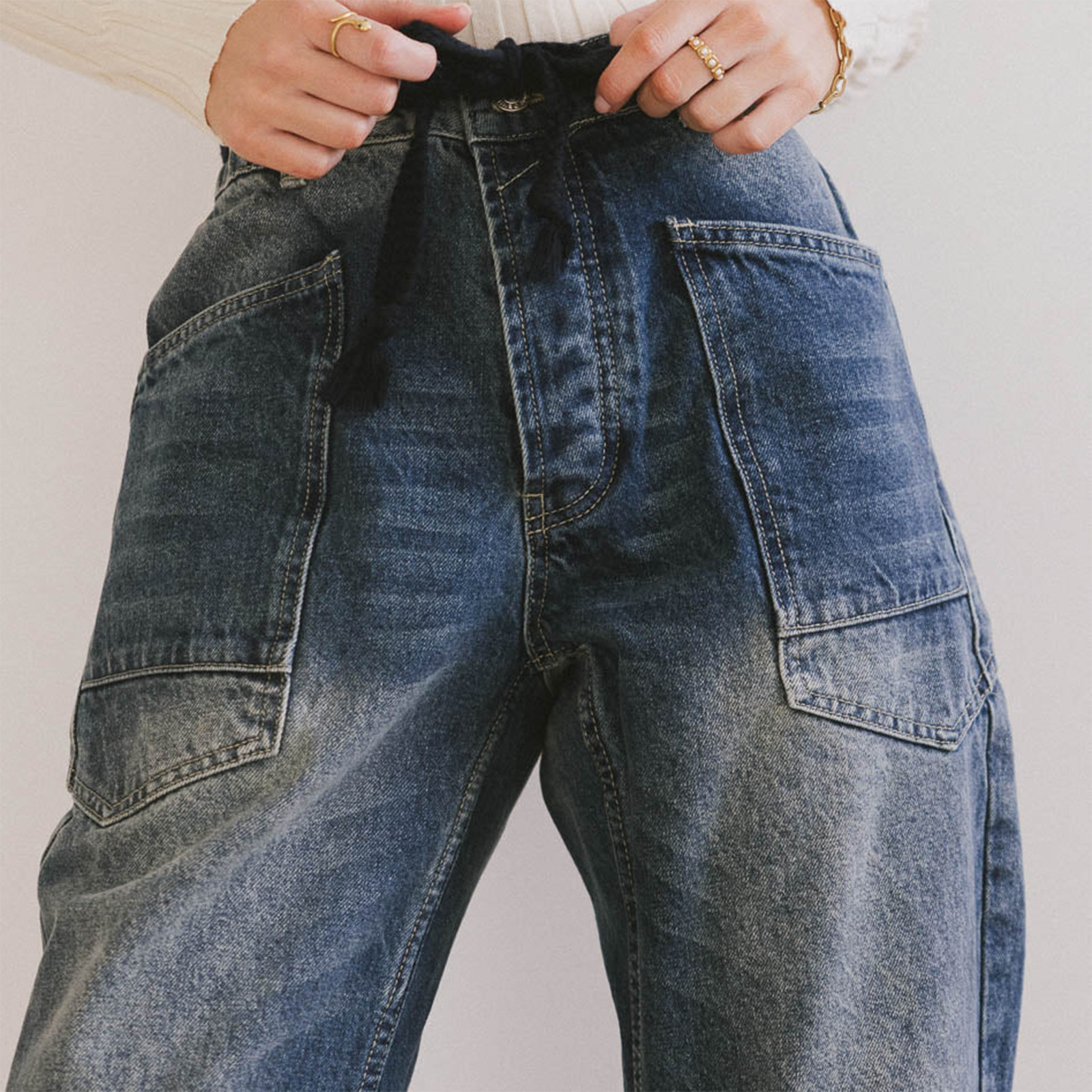 Jeans Rectos con Cordón para Mujer, Mezclilla de Algodón y Poliéster, Cintura Media, Corte Holgado, para Uso Casual