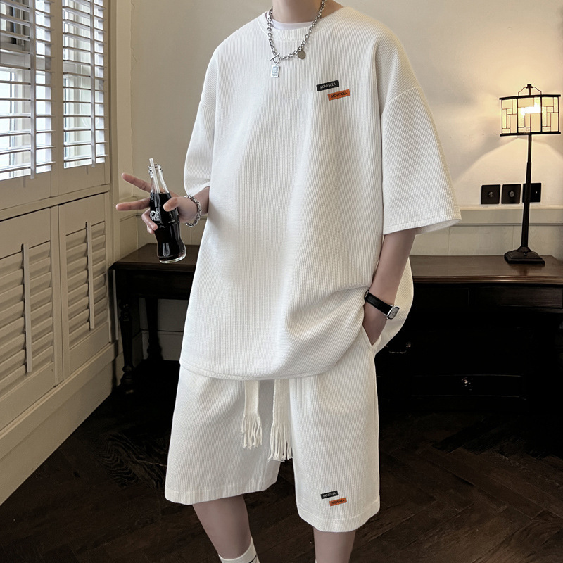 Men's Summer Thin Ice Silk Waffle Heavyweight Suit Short-Sleeved Shorts Loose Large Size Casual Sports Two Pieces