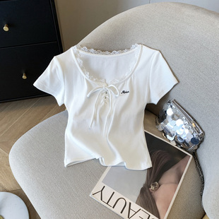 Lace Short-Sleeved T-Shirt for Women, New Design, Age-Reducing, Sweet, Pure and Slimming Look Top