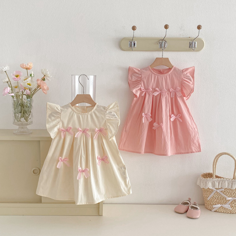 New Summer Products for Girls, Cute Bow-Knot Flying Sleeve Dresses for Baby Girls, Sweet Style Children's Princess Dresses