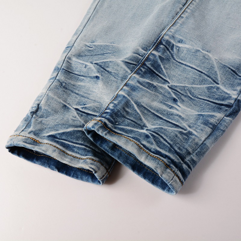 Herrenbekleidung im gleichen Stil, Katzenschnurrhaare, zerknitterte Farbe, Patchwork, Lederpatch, Loch, elastische Slim Fit-Röhrenjeans_voghion.com