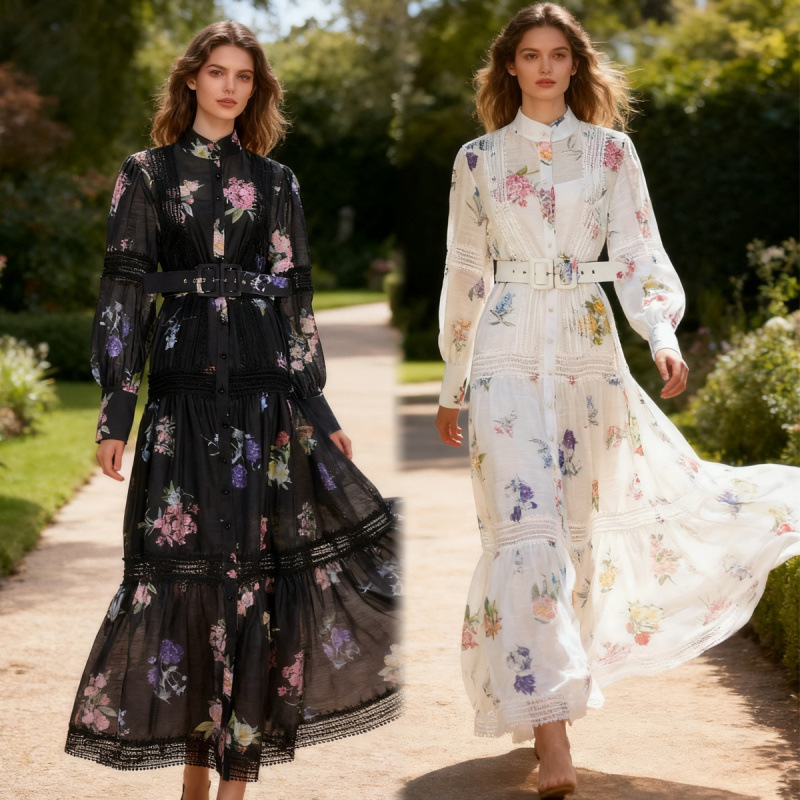 Bohemian Resort Style Organza New Printed Splicing Lace Long Dress