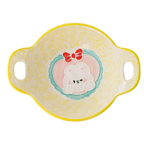 Hand-painted Relief Ceramic Cute Home Salad Bowl High-End Dessert Bowl Two-Ear Fruit Bowl Breakfast Oatmeal Bowl