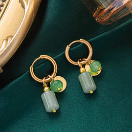 wish新品不锈钢女士圆形耳环绿色天然石吊坠复古时尚防水珠宝