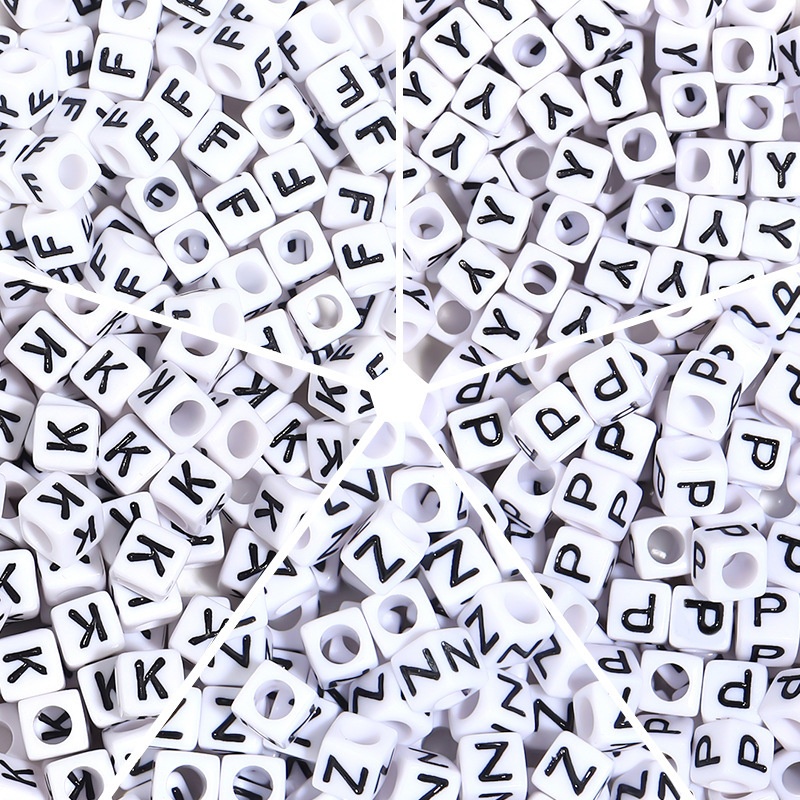100Pcs/Pack White Background Black Lettering Square Letter Beads 26 English Letters Large Hole Beads Loose Beads DIY Bracelet Beads