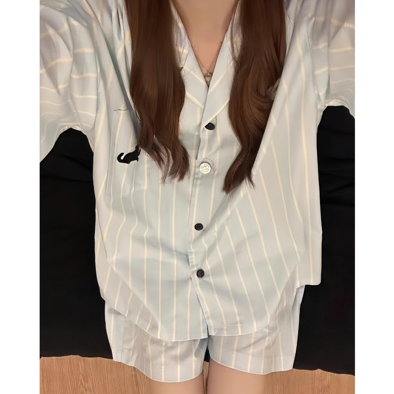 韩系ins甜美简约条纹睡衣女春秋季休闲长袖长裤可外穿家居服套装|undefined