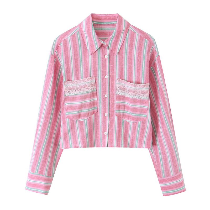 Zr Women's Clothing European and American Style 2026 Summer New French Niche Pink Lace Detail Striped Short Shirt Top Zr Women's Clothing European and American Style 2026 Summer New French Niche Pink Lace Detail Striped Short Shirt Top