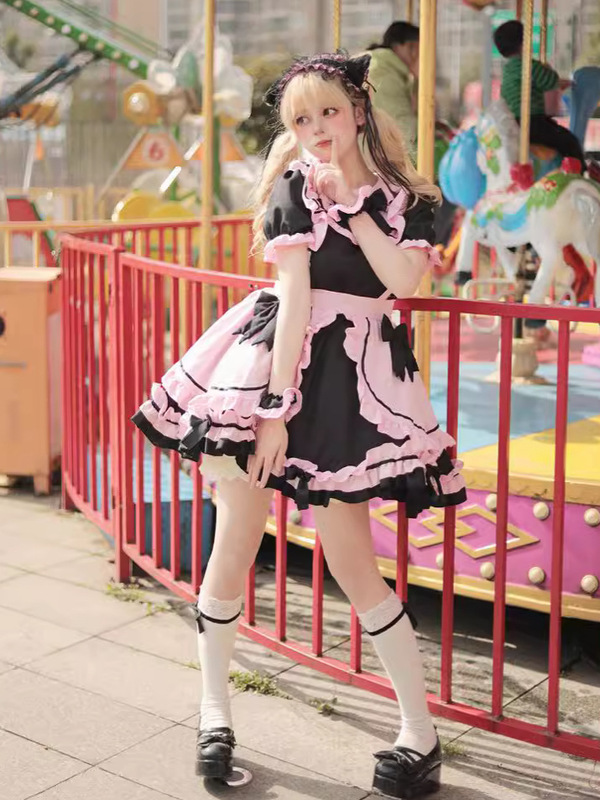 新品 ~ 日系Lolita黒粉メイド服cos甘美少女かわいい猫蝶結びソフト妹セット|undefined