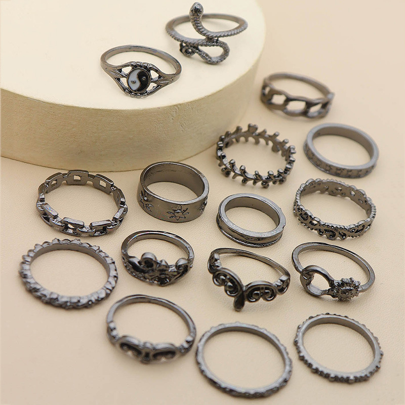 Retro Sun Moon Snake Leaves Flowers Knuckle Ring 16-piece Ring Set display picture 3