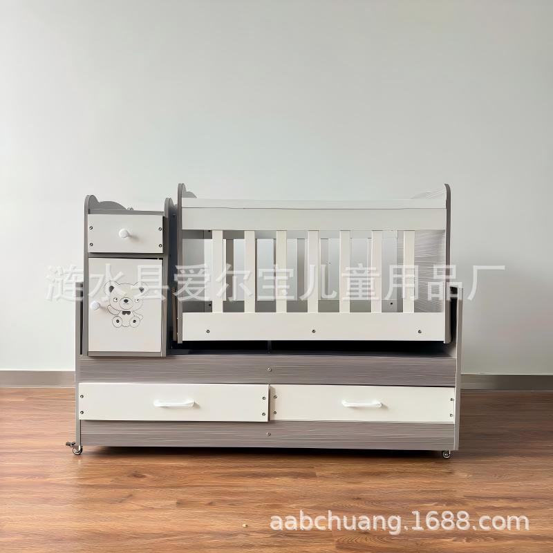 Solid wood baby crib with multifunctional diaper changing table, drawers for storage, newborn baby rocking bed with mosquito net, in stock