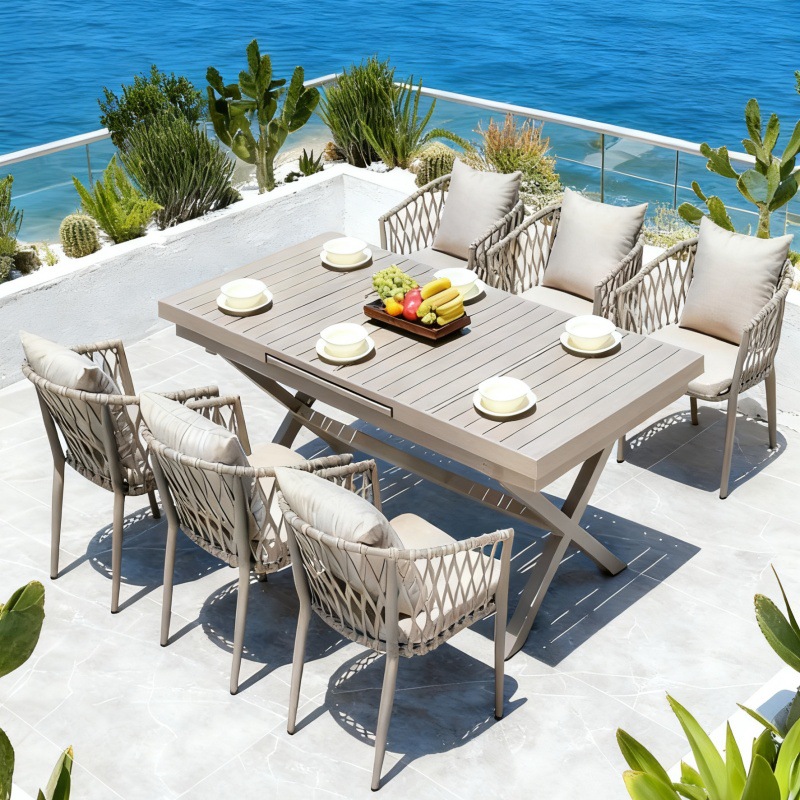 Outdoor Courtyard Rattan Table and Chair Set, All-Aluminum Alloy Garden Outdoor Retractable Dining Table and Chair Combination