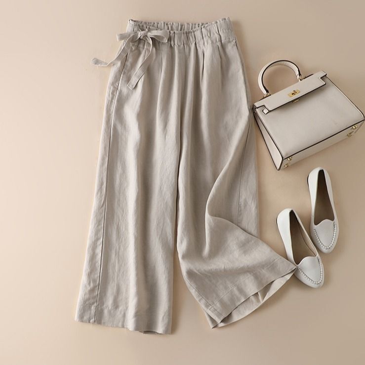 2025 Cropped Wide-Leg Pants Women's Summer Cotton Thin High Waist Side Lace-Up Vintage Artistic Elastoelastic Casual Pants for Women 2025 Cropped Wide-Leg Pants Women's Summer Cotton Thin High Waist Side Lace-Up Vintage Artistic Elastoelastic Casual Pants for Women