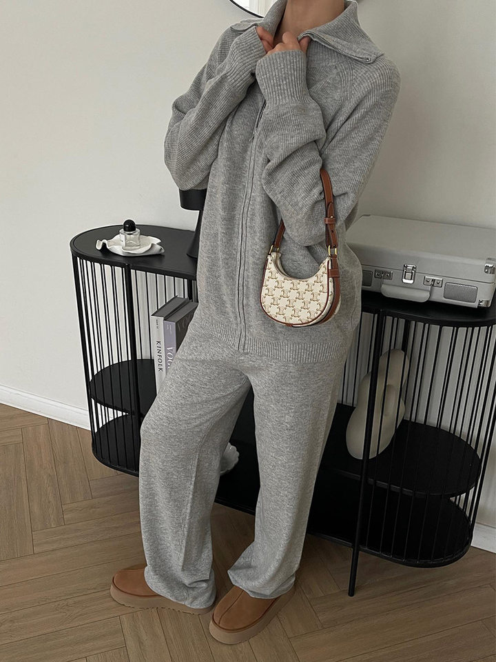 Bộ áo cardigan dệt kim khóa kéo phối quần dài ống rộng nữ — màu bột yến mạch, màu nâu, màu xám, trắng chi tiết 36