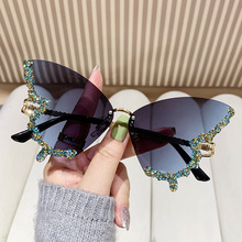 新款蝴蝶形状镶钻无框太阳镜时尚网红墨镜女高级感跨境太阳眼镜