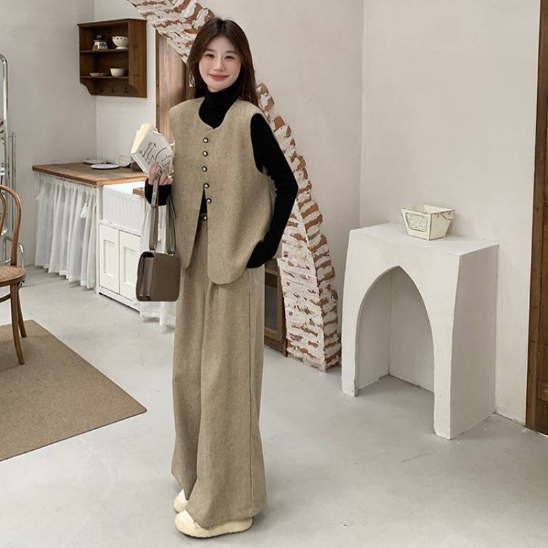 卡其色小香风马甲长裤套装女春季轻奢高级感穿搭休闲阔腿裤两件套|undefined