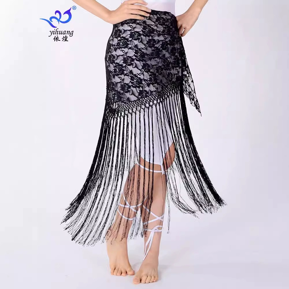Пояс для танца живота с кисточками, кружевной треугольный платок, длинный пояс с кисточками, этнический аксессуар для талии, костюм для тренировок и выступлений, юбка с кисточками