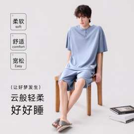 夏季新款纯棉男士短袖短裤套头睡衣时尚休闲男家居服图片色居家