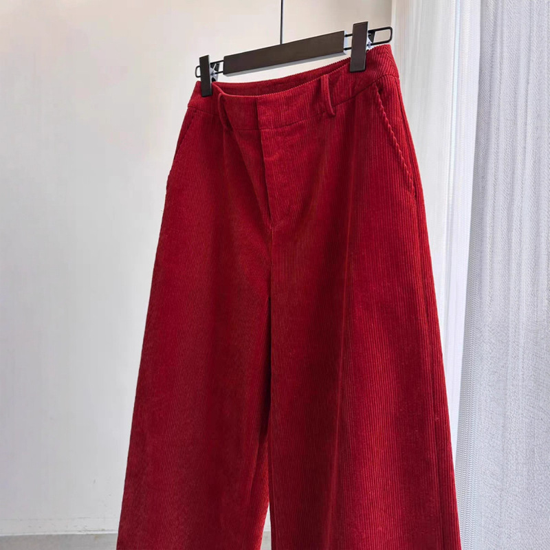 Highly Recommended! Vintage Red Corduroy Wide-Leg Pants for Women, Autumn and Winter Straight High-End Slimming Casual Long Pants