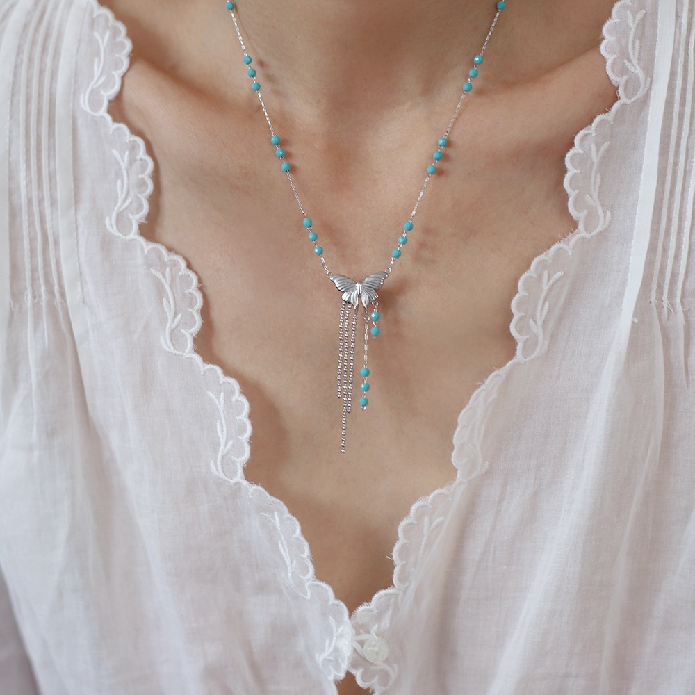 Blue Bead Butterfly Fringe Stainless Steel Necklace