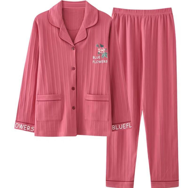 Pijamas de algodón Primavera y otoño de las mujeres de manga larga de mediana edad mamá más tamaño cardigan traje de mediana edad y ancianos ropa de casa de las mujeres