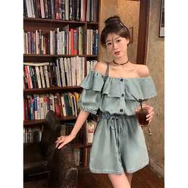 牛仔连体裤小个子设计感一字肩荷叶边短裤套装女时尚洋气时髦夏装