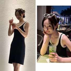 宋轶同款夏季新款吊带连衣裙拼色修身显瘦弹力针织包臀短裙女