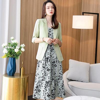 2021新款洋气西装套装职业两件套气质长袖碎花连衣裙女春夏套装