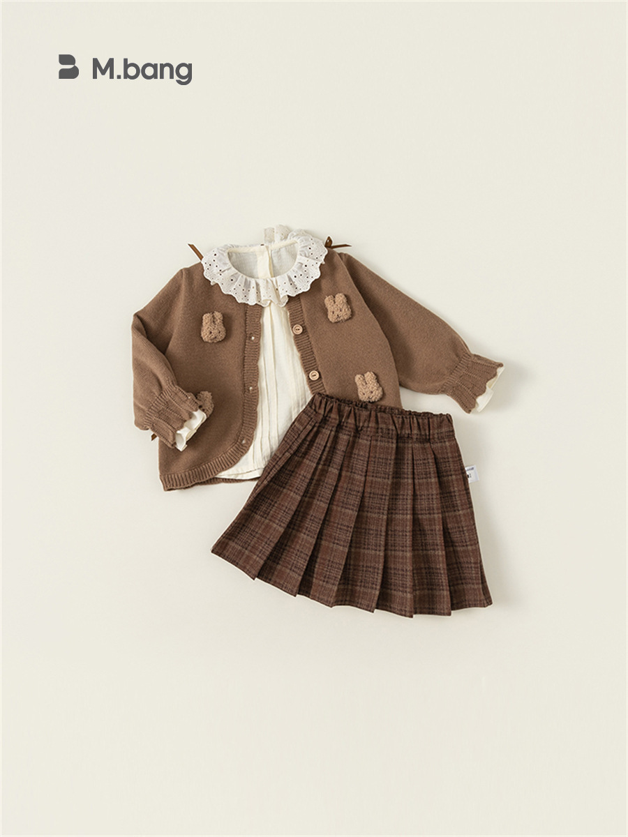 Conjunto para Niñas de Cárdigan y Falda Plisada de 3 Piezas en Fibra Acrílica Suave para Primavera y Otoño