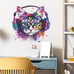 外貿戴耳機的彩繪貓臥室客廳玄關宿舍家居裝飾牆貼貼紙自粘批發