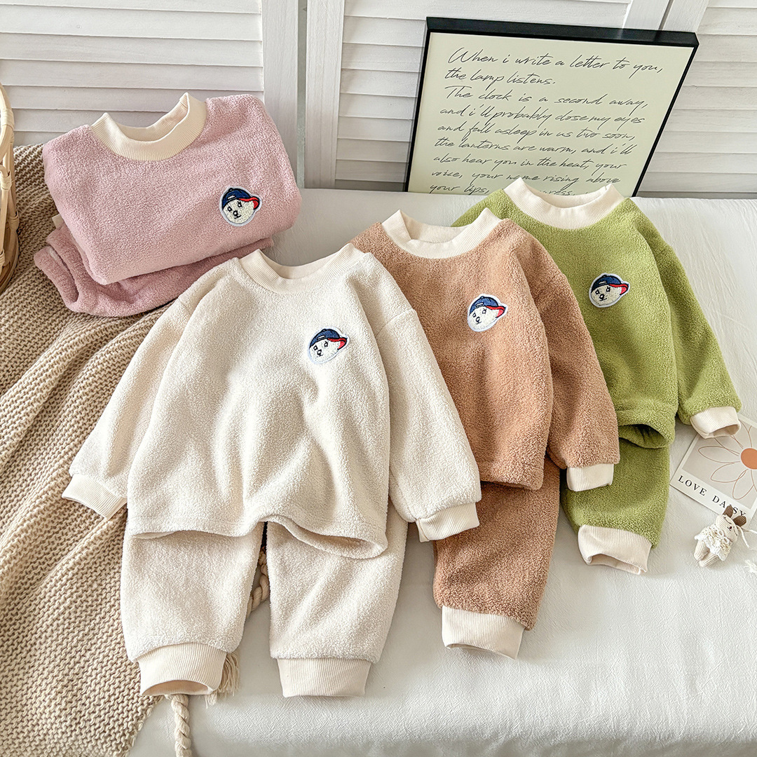 Autumn and Winter Fleece-Lined Thickened Children's Pajamas for Girls, Korean-Style Double-Sided Fleece Warm Set, Children's Clothing Wholesale for Small and Medium-Sized Children