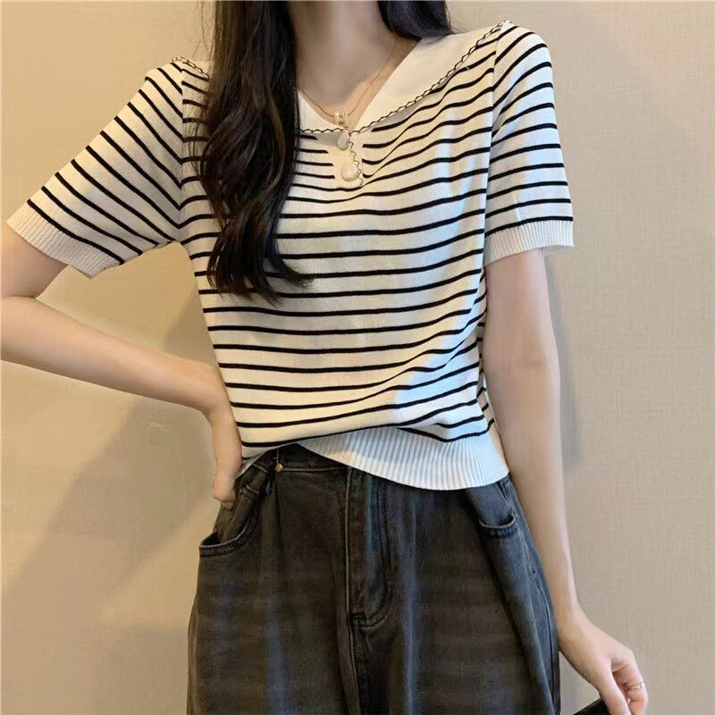 Striped Short-Sleeved Knitted T-Shirt for Women in Summer, 2025 Right Shoulder T-Shirt, Chic and Beautiful Short Top, Versatile