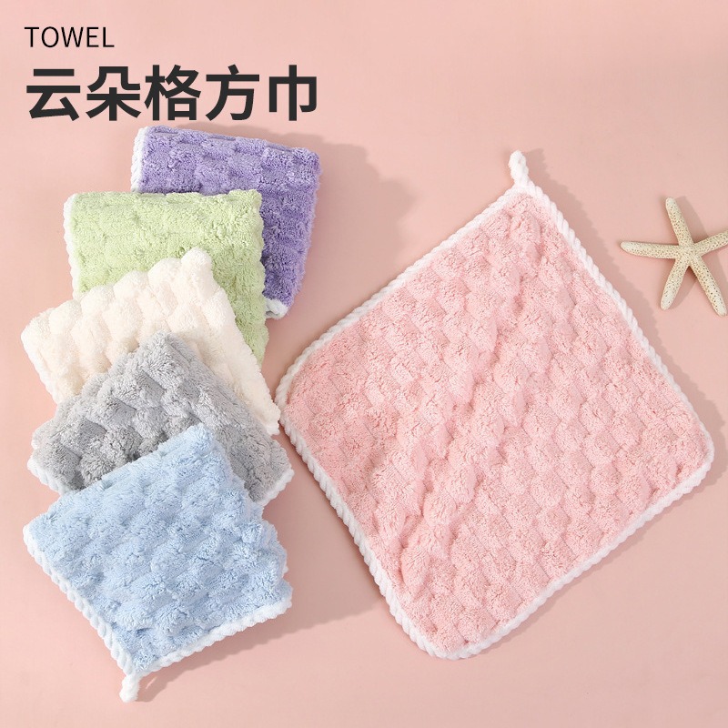 New Polyester Brocade Cloud Checkered Square Towel with Threaded Edge Absorbent Face Wash Towel Household Kitchen Bathroom Cleaning Hand Towel
