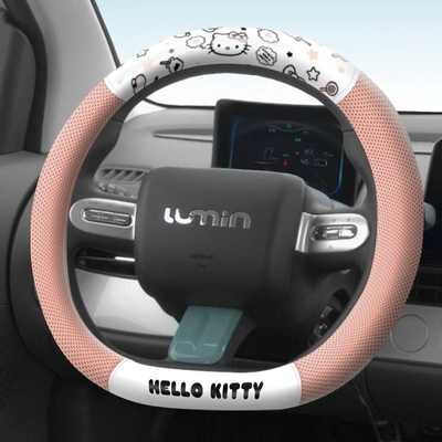 Sürətlər qutusu və əl tormozu başlıqları — Kitty Car Interior Set Cute Cartoon - steering-wheel-cover1-mesh-leather-d-shape-36-38cm-universal